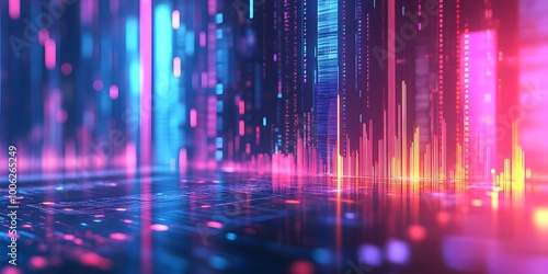 Fintech visualization featuring neon financial graphs and glowing trading charts, set against a blurred bokeh background, representing a high-tech investment interface with vibrant colors.