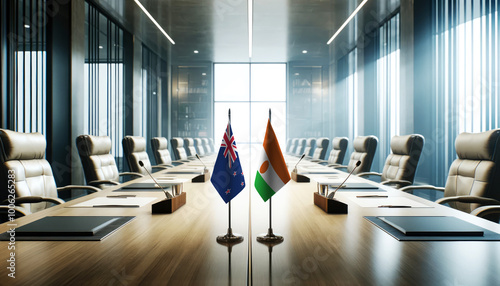 A modern conference room with New Zealand and Niger flags on a long table, symbolizing a bilateral meeting or diplomatic discussions between the two nations. photo