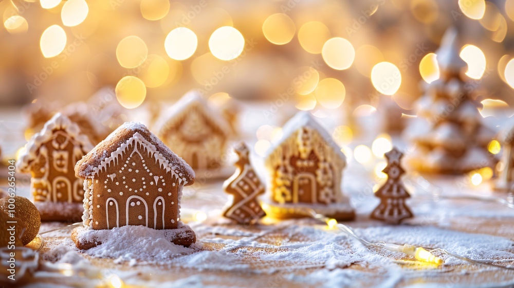 Christmas gingerbread houses with lights and snow on bokeh background. Christmas gingerbread houses with lights and snow on bokeh background.