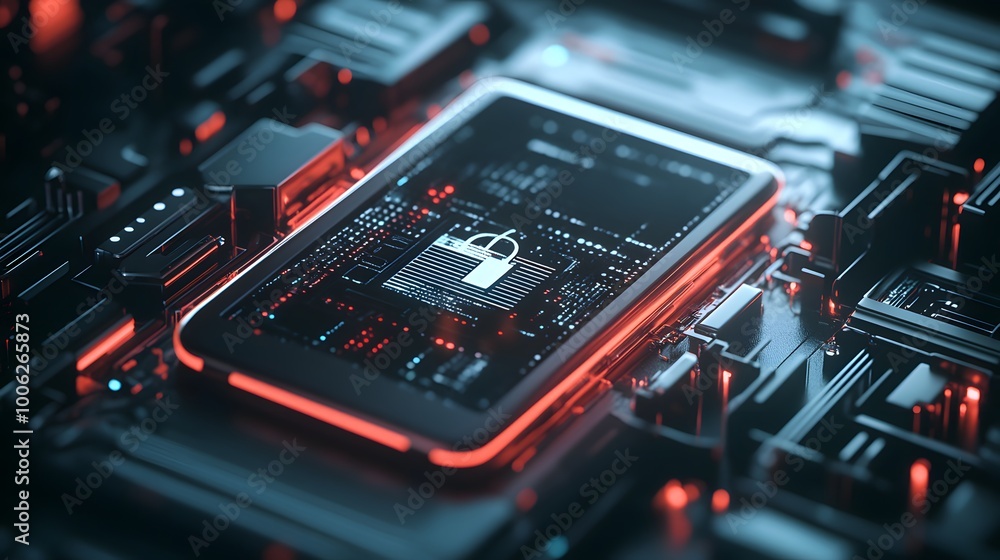 A cell phone is displayed on a circuit board with a red and blue screen. The phone is locked and the lock is shown in red. Concept of security and protection A cell phone is displayed on a circuit board with a red and blue screen. The phone is locked and the lock is shown in red. Concept of security and protection