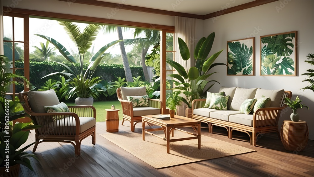 Fototapeta premium A serene tropical living room with rattan furniture