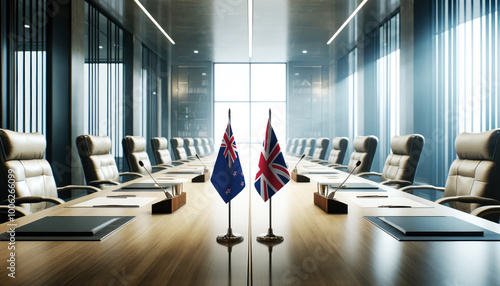 A modern conference room with New Zealand and United Kingdom flags on a long table, symbolizing a bilateral meeting or diplomatic discussions between the two nations. photo