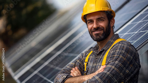 solar cell technician wearing yellow hard hat and plaid shirt smiles confidently while standing in front of solar panels. His expression reflects pride in his work and renewable energy industry