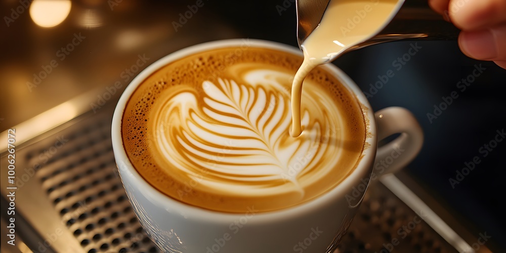 Latte art in progress with a barista pouring milk into a white ceramic cup, showcasing an intricate leaf pattern and creamy texture, set against a bokeh background for warmth. Latte art in progress with a barista pouring milk into a white ceramic cup, showcasing an intricate leaf pattern and creamy texture, set against a bokeh background for warmth.