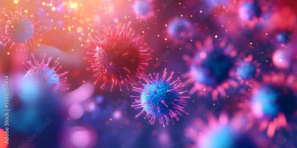 3D rendered microscopic view of colorful virus particles, showcasing a red spiky coronavirus and blue-purple microorganisms, presented in a cellular environment with vibrant colors. 3D rendered microscopic view of colorful virus particles, showcasing a red spiky coronavirus and blue-purple microorganisms, presented in a cellular environment with vibrant colors.