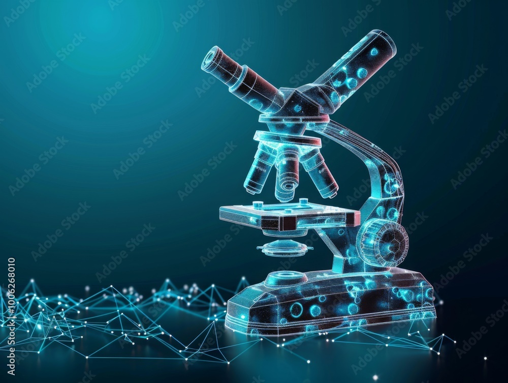 Digital Scientific Discovery Concept, blue 3D optical microscope in low poly design on a blue background, advancement in research and discovery, laboratory biotechnology and medical diagnostics.
Digital Scientific Discovery Concept, blue 3D optical microscope in low poly design on a blue background, advancement in research and discovery, laboratory biotechnology and medical diagnostics.