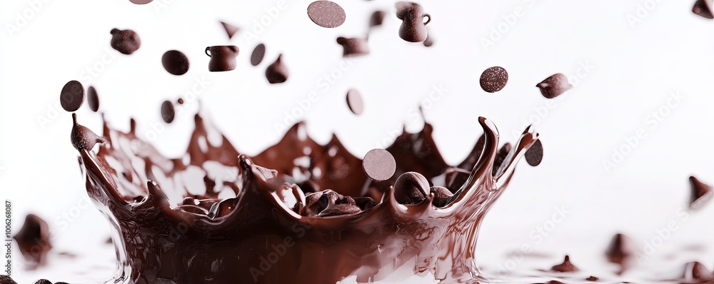 Fototapeta premium Chocolate chips splashing into crown shaped delicious melted chocolate