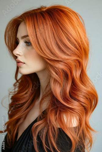 A woman with long, wavy red hair wearing a black dress