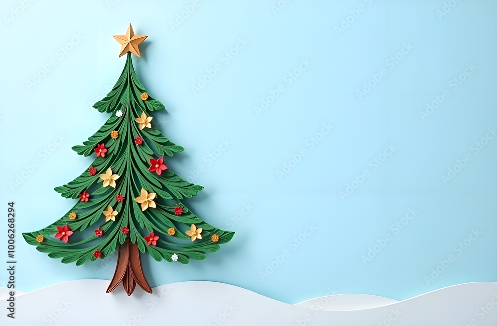 Delicate beautiful holiday tree made of paper using quilling technique on a light blue background, free space for text. High quality photo Delicate beautiful holiday tree made of paper using quilling technique on a light blue background, free space for text. High quality photo