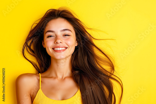 A woman with long brown hair smiling at the camera