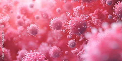 Microscopic virus structure rendered in 3D against a pale red background, featuring vibrant pink virus particles, creating detailed scientific visualization of microbiology concepts.