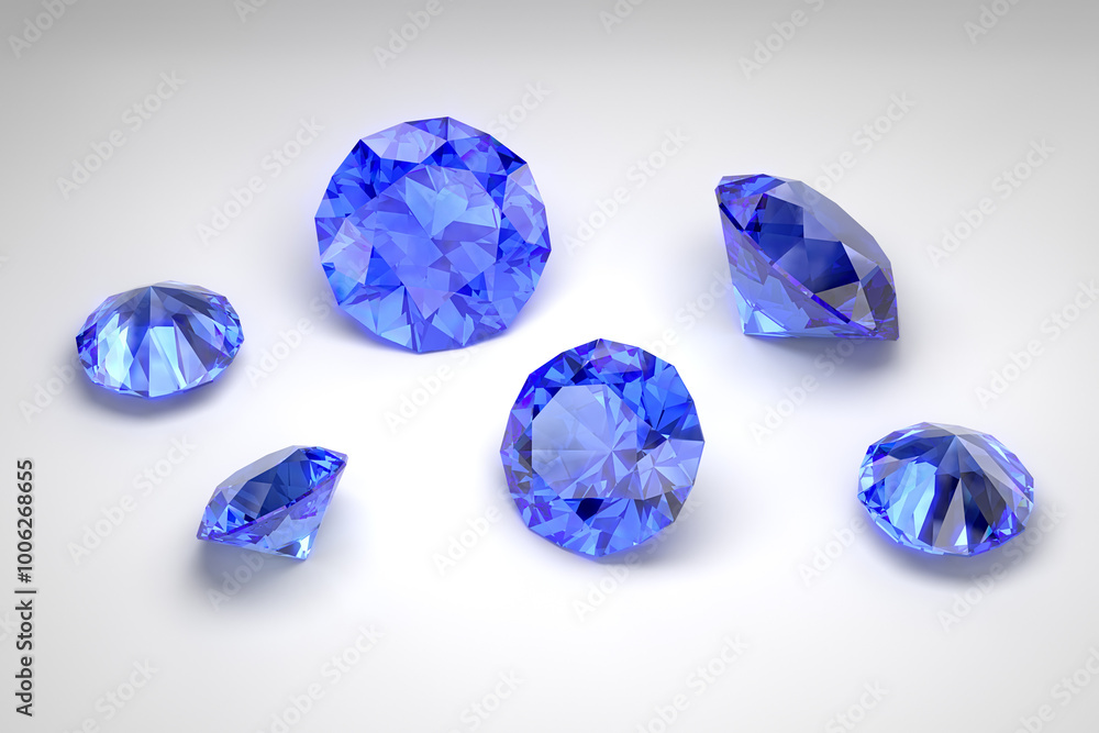 Scattering of blue sapphires of different sizes on the white background. Exhibition of precious stones. Diamond cut. 3d rendering. Scattering of blue sapphires of different sizes on the white background. Exhibition of precious stones. Diamond cut. 3d rendering.
