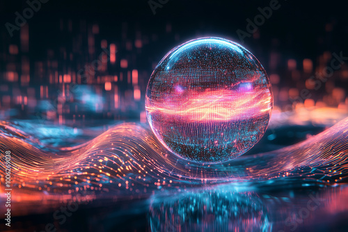 a floating crystal orb surrounded by luminous digital waves, representing energy and innovation