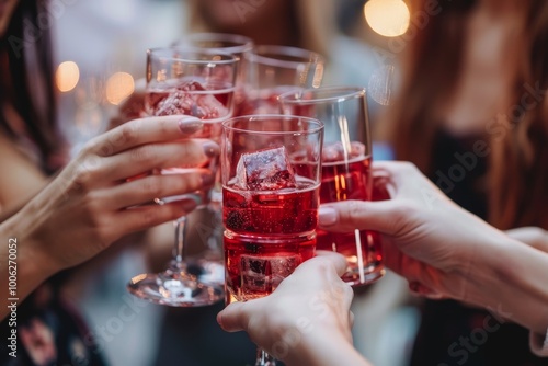 Friends celebrating with red drinks during an outdoor gathering in the evening light, enjoying a toast together. Close-up