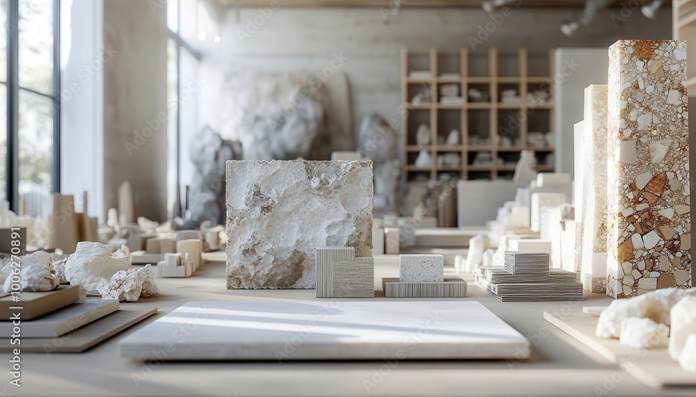 Recycled materials in a vibrant design studio, creative atmosphere, neutral tones, soft lighting, photo-realism Recycled materials in a vibrant design studio, creative atmosphere, neutral tones, soft lighting, photo-realism
