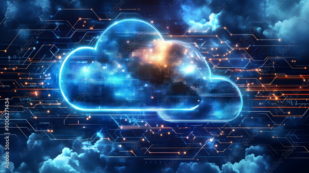 A blue cloud with a bright light inside of it. The light is surrounded by a lot of other lights A blue cloud with a bright light inside of it. The light is surrounded by a lot of other lights