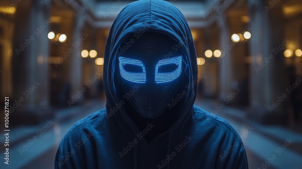 Hacker wearing a futuristic led mask standing in a public building