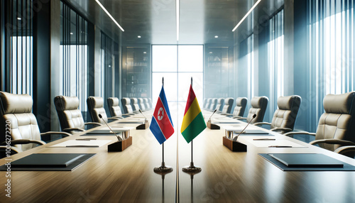 A modern conference room with North Korea and Guinea flags on a long table, symbolizing a bilateral meeting or diplomatic discussions between the two nations. photo