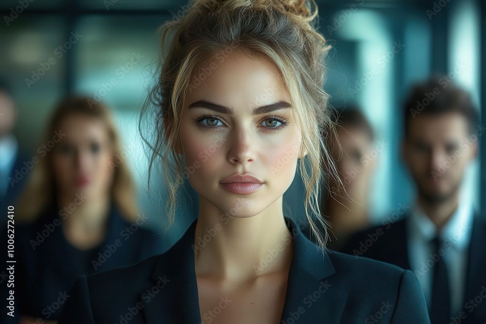 portrait of a businesswoman with a stern expression flanked by her serious team against the backdrop of a modern office featuring a dynamic city view portrait of a businesswoman with a stern expression flanked by her serious team against the backdrop of a modern office featuring a dynamic city view