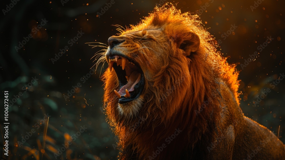 Naklejka premium Roaring male lion. An angry lion with an open mouth. expression of anger. Portrait of a big male lion with open mouth on a dark background. 