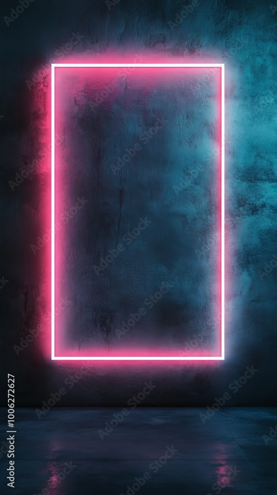 Pink neon light rectangle frame glowing on dark blue grunge concrete wall in empty room Pink neon light rectangle frame glowing on dark blue grunge concrete wall in empty room