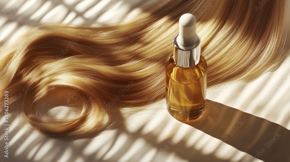 Naklejka premium A luxurious hair care oil in a sleek glass bottle placed alongside a lock of healthy blonde hair, perfectly staged on a white corrugated surface