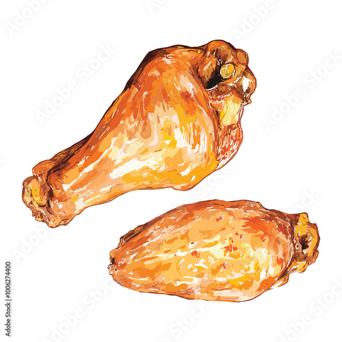 fried chicken in watercolor illustration style, isolated vector on white background