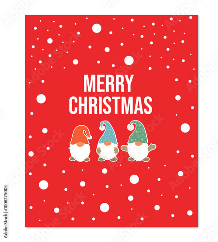 Merry Christmas holiday card concept, three dwarfs and snow on red background 