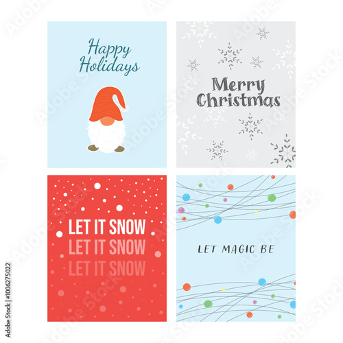 Hand-drawn winter holiday cards. Merry Christmas card with snowflakes, dwarf and lights. New Year, Xmas greeting or invitations inspire quote cards.
