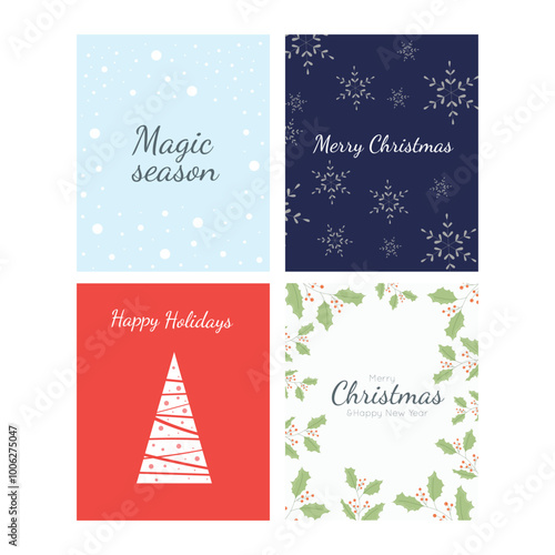 Set of Christmas greeting cards with snowflakes and a minimalistic Christmas tree. Vector illustration design template