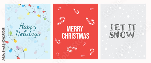 Merry Christmas holiday card set, flat style vector illustration