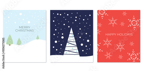 Merry Christmas holiday card set, flat style vector illustration