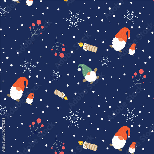 Cute Christmas cozy seamless pattern on blue background, vector illustration