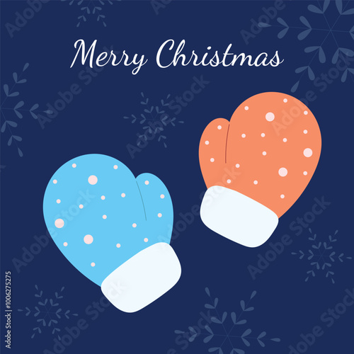Merry Christmas card concept, hand drawn mittens, vector illustration