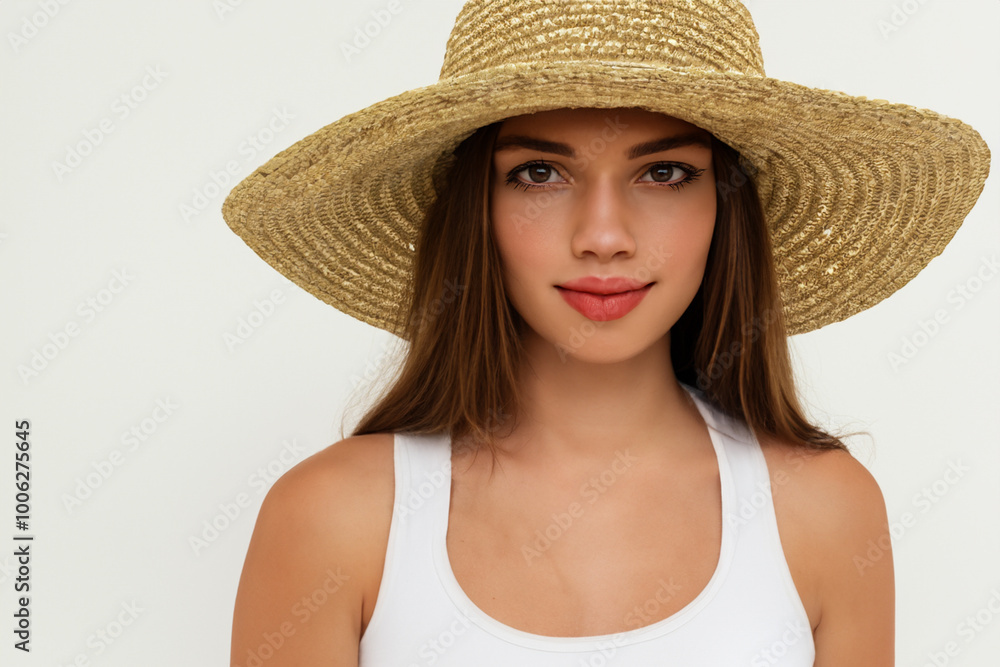 Girl in gray with hat on a . stylish fashion w concept. a girl in white t-shirt and hat with straw on white . a girl in white and gray with a hat lifestyle and t-shirt. Girl in gray with hat on a . stylish fashion w concept. a girl in white t-shirt and hat with straw on white . a girl in white and gray with a hat lifestyle and t-shirt.