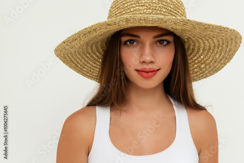 Girl in gray with hat on a . stylish fashion w concept. a girl in white t-shirt and hat with straw on white . a girl in white and gray with a hat lifestyle and t-shirt.