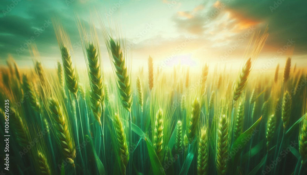 fresh Green ears of wheat in beautiful green wheat field in spring summer, for agriculture, farming, food, nature related concept background fresh Green ears of wheat in beautiful green wheat field in spring summer, for agriculture, farming, food, nature related concept background