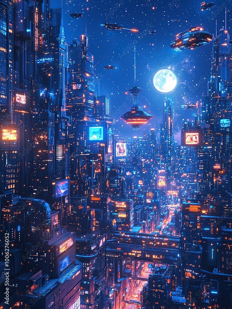 An isometric illustration of a sprawling futuristic city skyline at night. An isometric illustration of a sprawling futuristic city skyline at night.