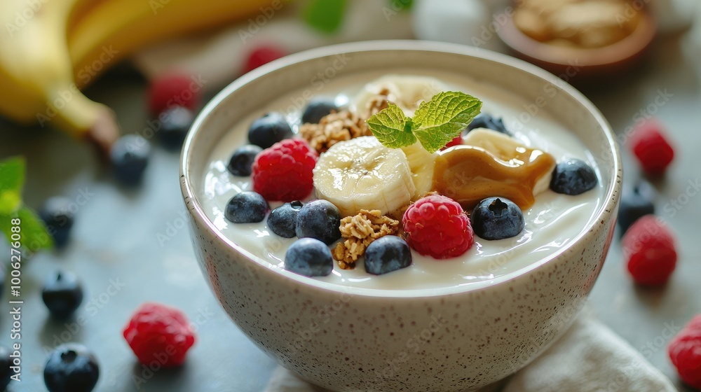 photo of a bowl of yogurt with blue berries, raspberries, peanutbutter, honey, with bananas in the background photo of a bowl of yogurt with blue berries, raspberries, peanutbutter, honey, with bananas in the background