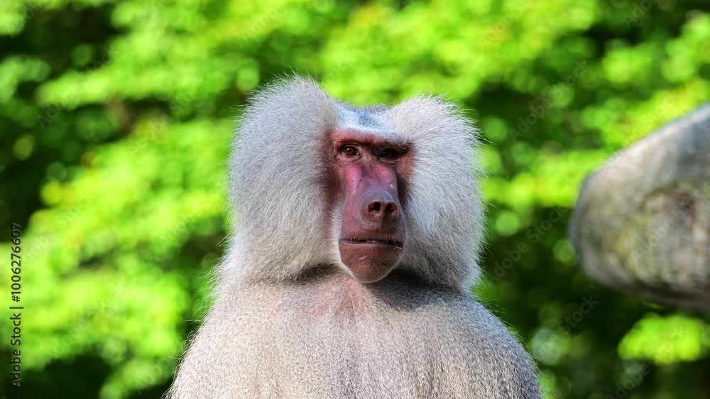 The hamadryas baboon sitting on a rock and looking around. Papio hamadryas is a species of baboon The hamadryas baboon sitting on a rock and looking around. Papio hamadryas is a species of baboon