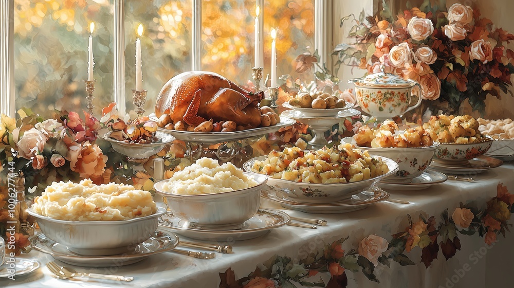 Naklejka premium Lavish Autumn Feast in a Blooming Dining Room Setting