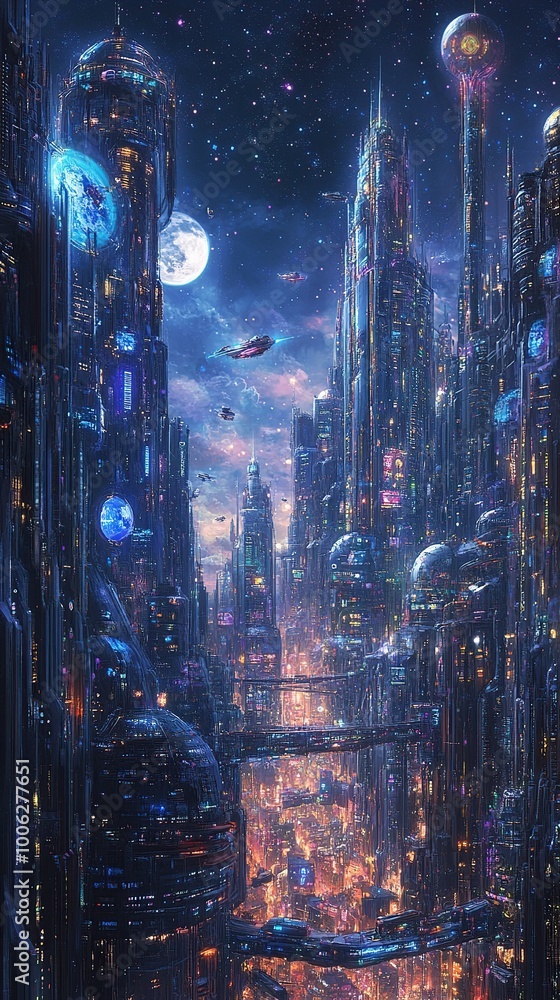 Fototapeta premium An isometric illustration of a sprawling futuristic city skyline at night.