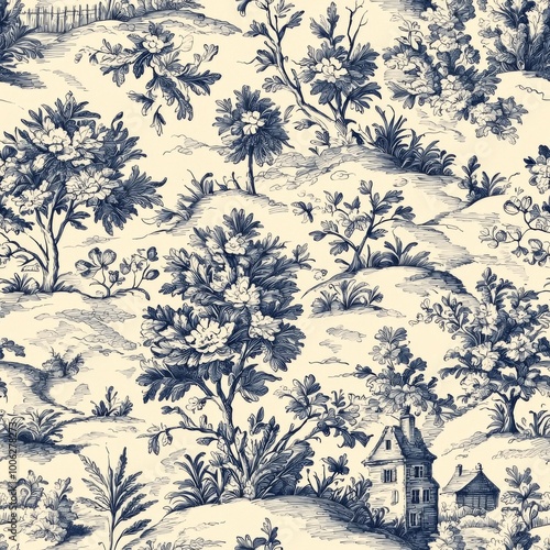 Intricate Seamless Toile de Jouy Pattern Design