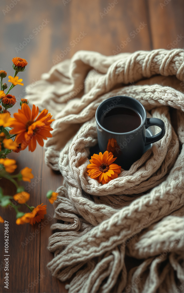 Autumn mood: cozy flatlay with bright orange flowers, cup of hot tea or coffee and knitted blanket on wooden tabletop, top view. Autumn mood: cozy flatlay with bright orange flowers, cup of hot tea or coffee and knitted blanket on wooden tabletop, top view.