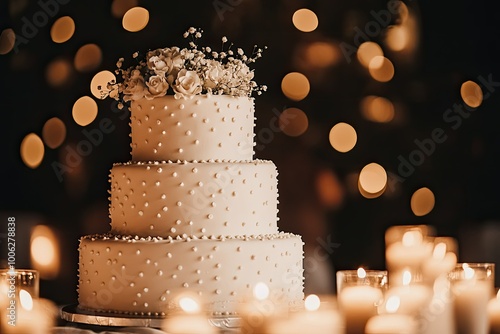  A simple three-tiered wedding cake with delicate dots, surrounded by flickering candles in the background. Created with Ai