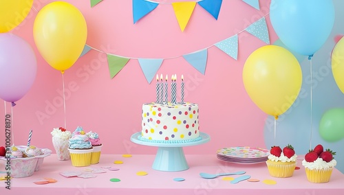 A vibrant and colorful birthday party scene with balloons, cake, decorations, table setting, pastel pink background, and bright yellow, blue, green color scheme. Created with Ai