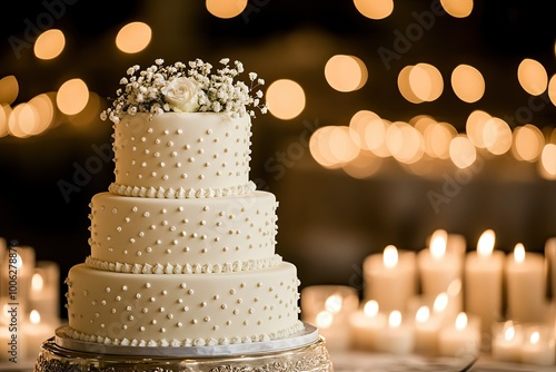  A white three-tiered cake with small pearls on top, surrounded by candles and warm lights. Created with Ai
