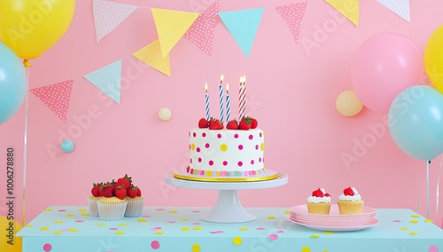 A pastel pink background with yellow, blue and green decorations for first birthday party with cake on the table. Created with Ai
