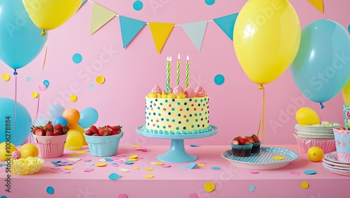 A pastel pink background with yellow, blue and green balloons floating around the scene. A table is set up for an first birthday party featuring cake, decorations and some fruit on it. Created with Ai