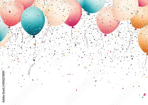  The background is white, with colorful balloons and confetti floating in the air. Created with Ai